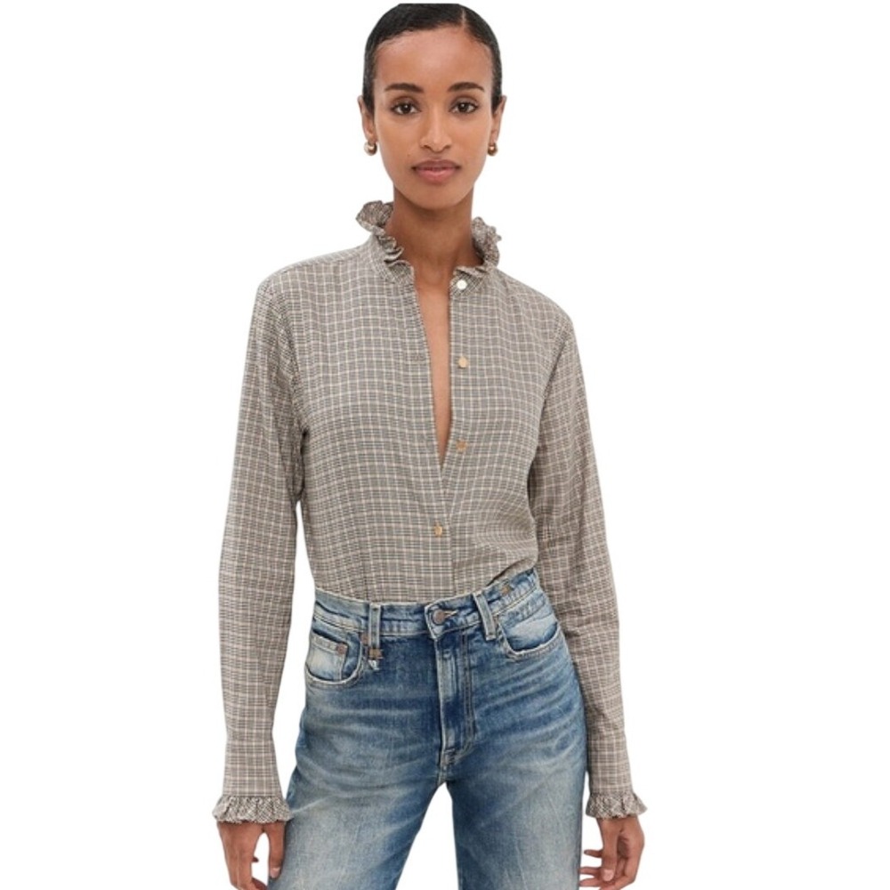 Nili Lotan Lydia Honey Check Plaid Shirt Top Tan Black Check Ruffle Collar Small